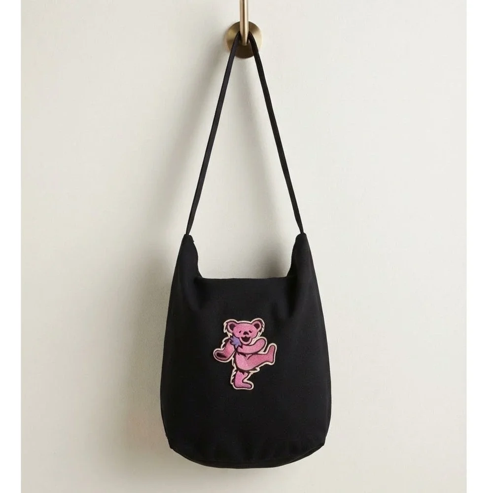 Grateful Dead Dancing Bear Black Canvas Hobo Shoulder Bag Pink Embroidery